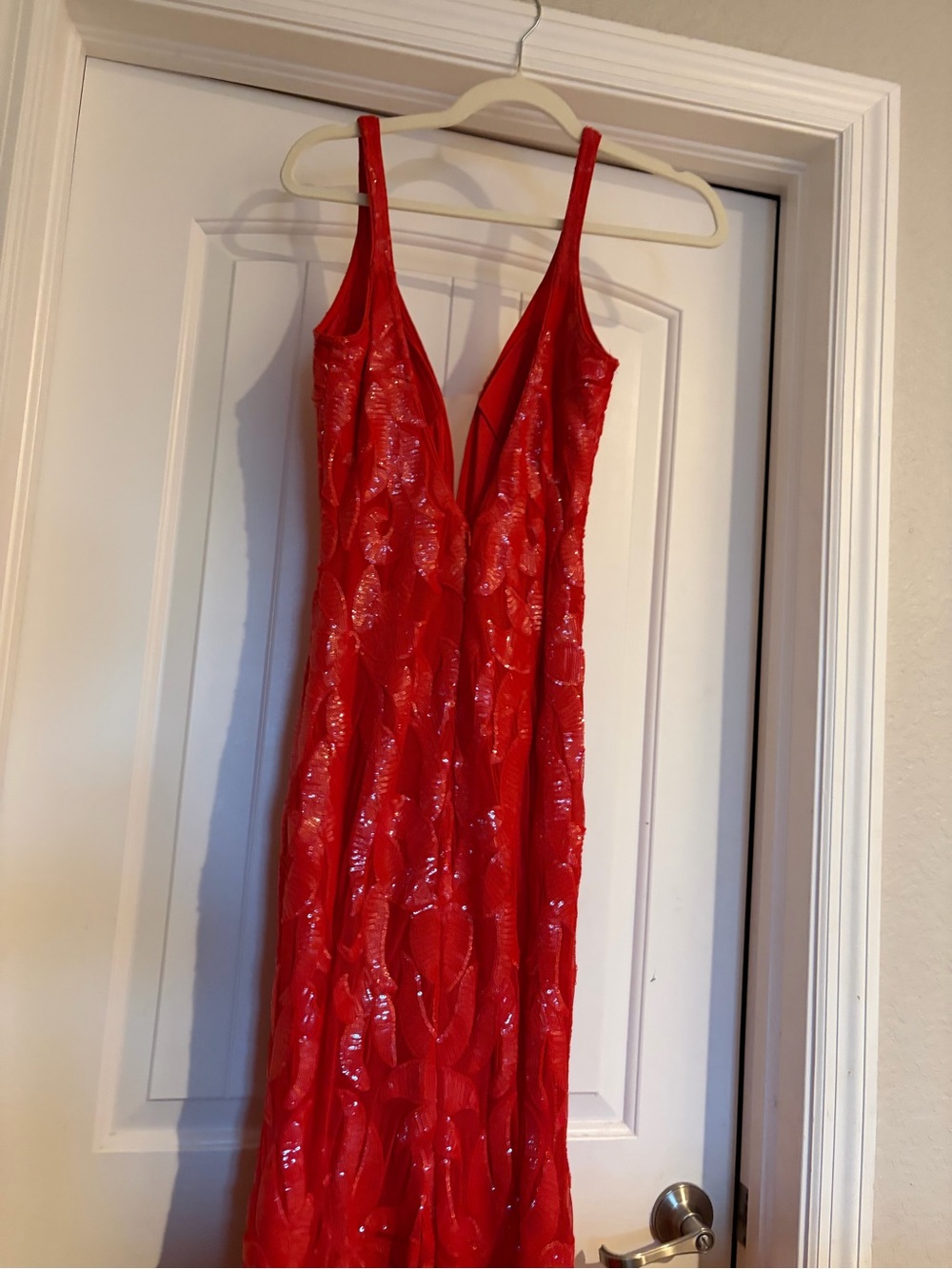 Jovani Red Sequin Plunge V-Neck Evening Gown - Picture 8 of 14